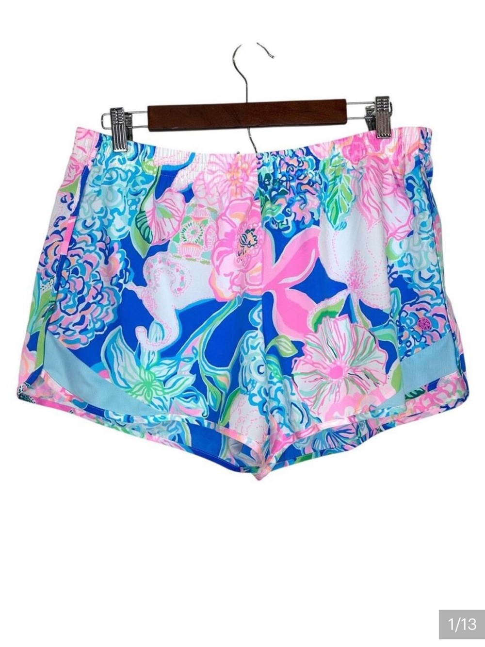 Lilly Pulitzer Blue & Pink Floral Luxletic Ocean Trail Athletic Shorts Size XL